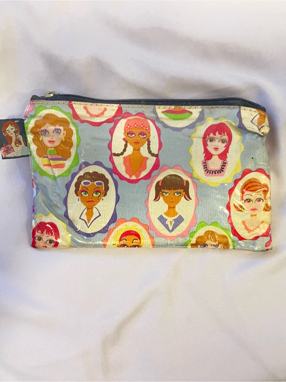 Girls Portrait Print Cosmetic Bag - Light Blue